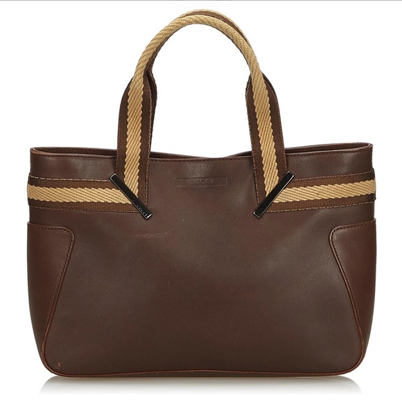 Gucci Brown Web Leather Tote Bag GUC - Picture 1 of 9